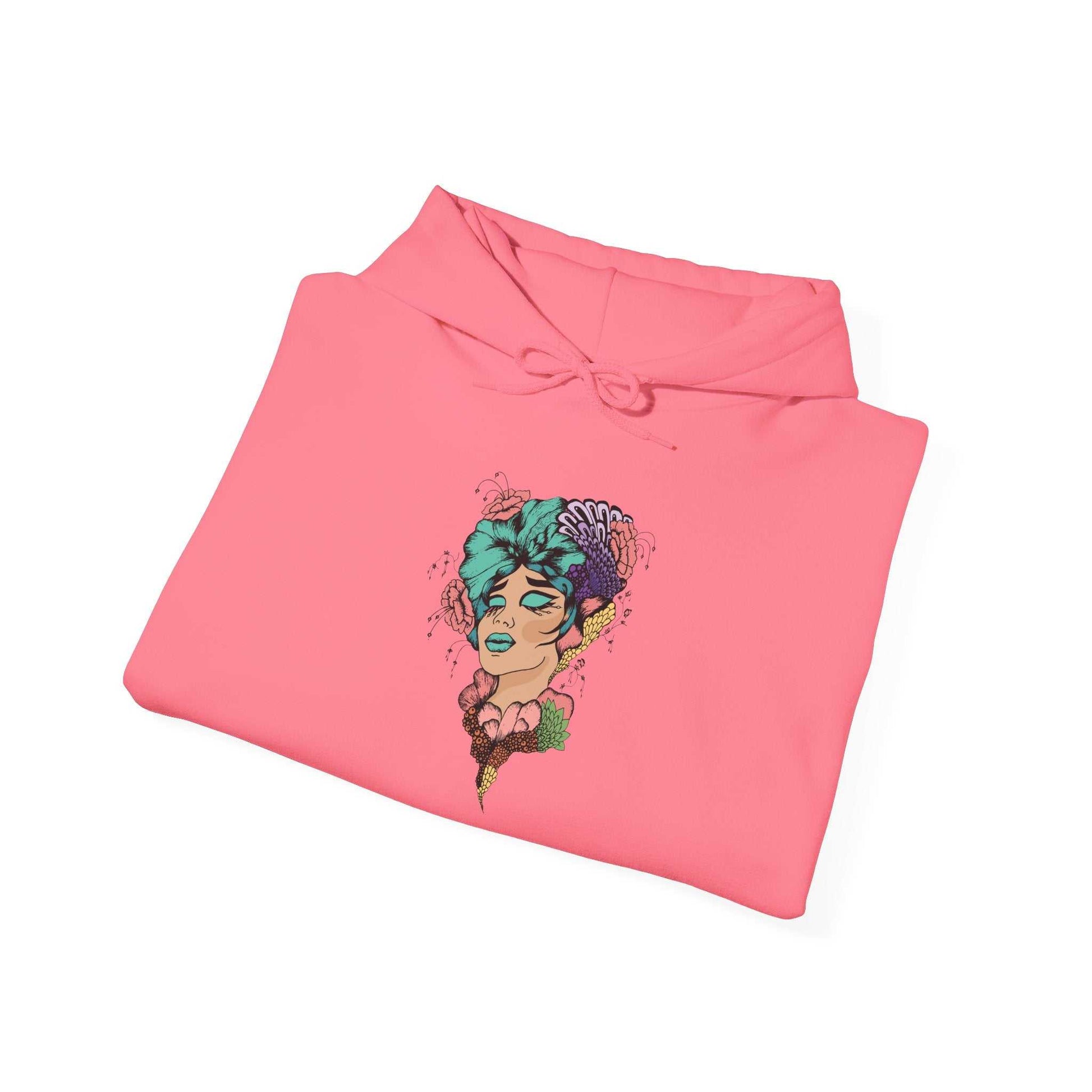 Boho style hooded sweatshirt with vibrant design, perfect for cozy fashion.