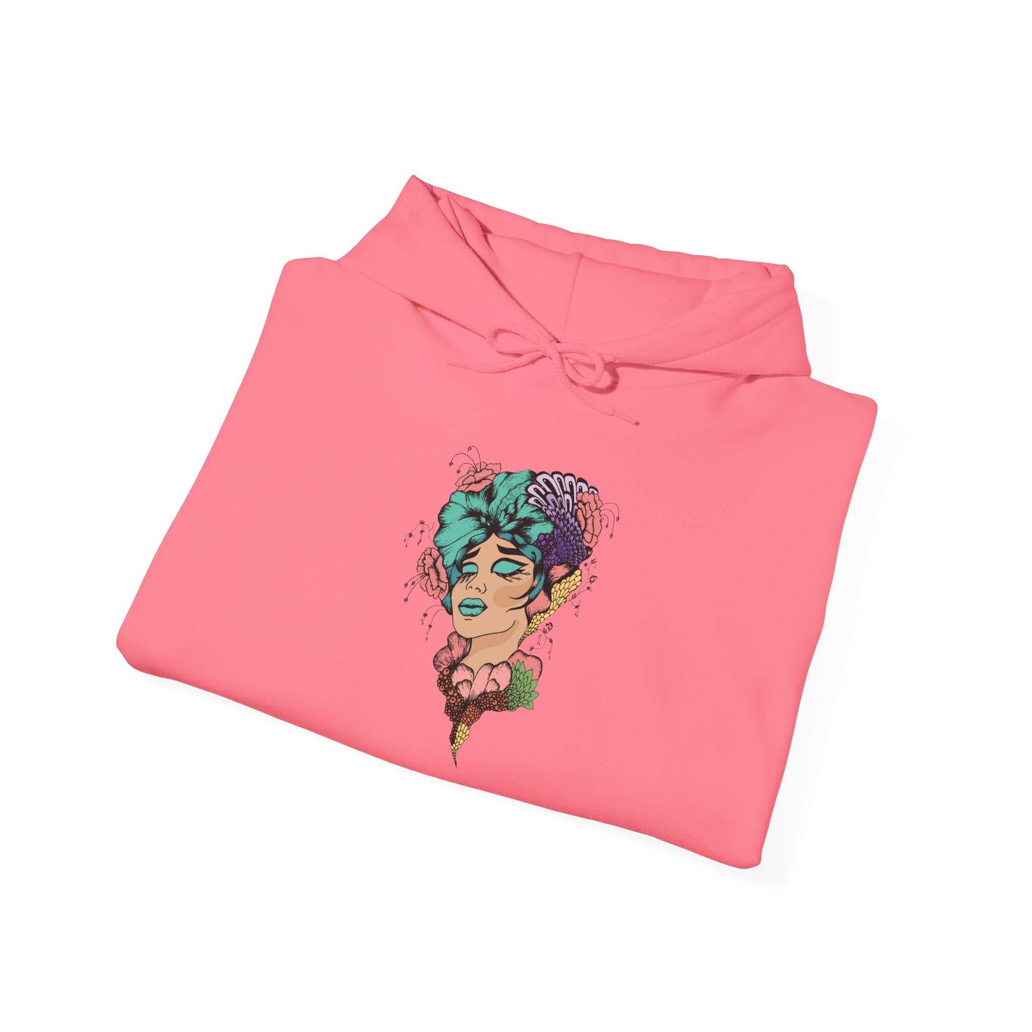 Boho style hooded sweatshirt with vibrant design, perfect for cozy fashion.