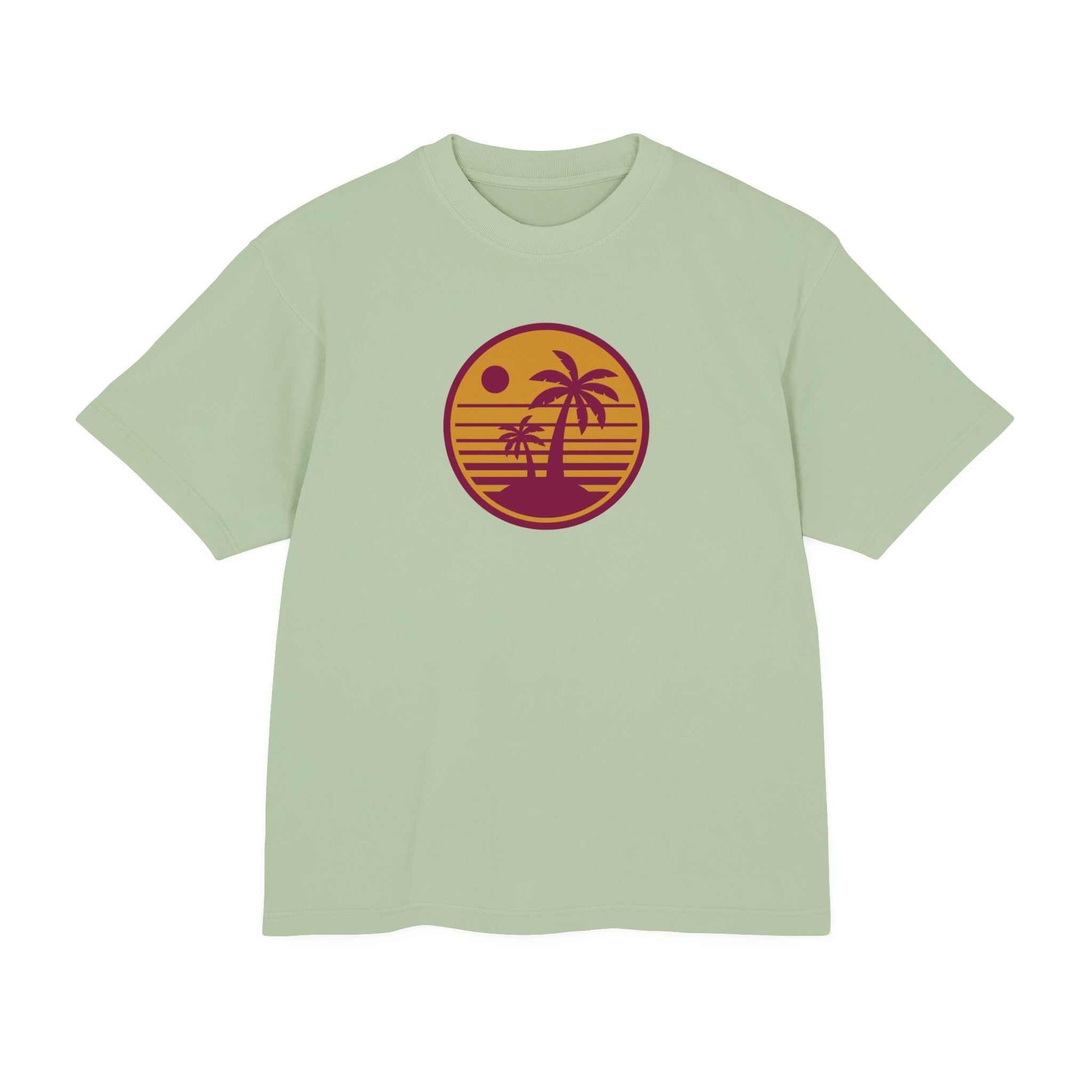 Urban Heavy Tee with retro sunset palm tree print, unisex, pigment-dyed, soft heavyweight cotton.