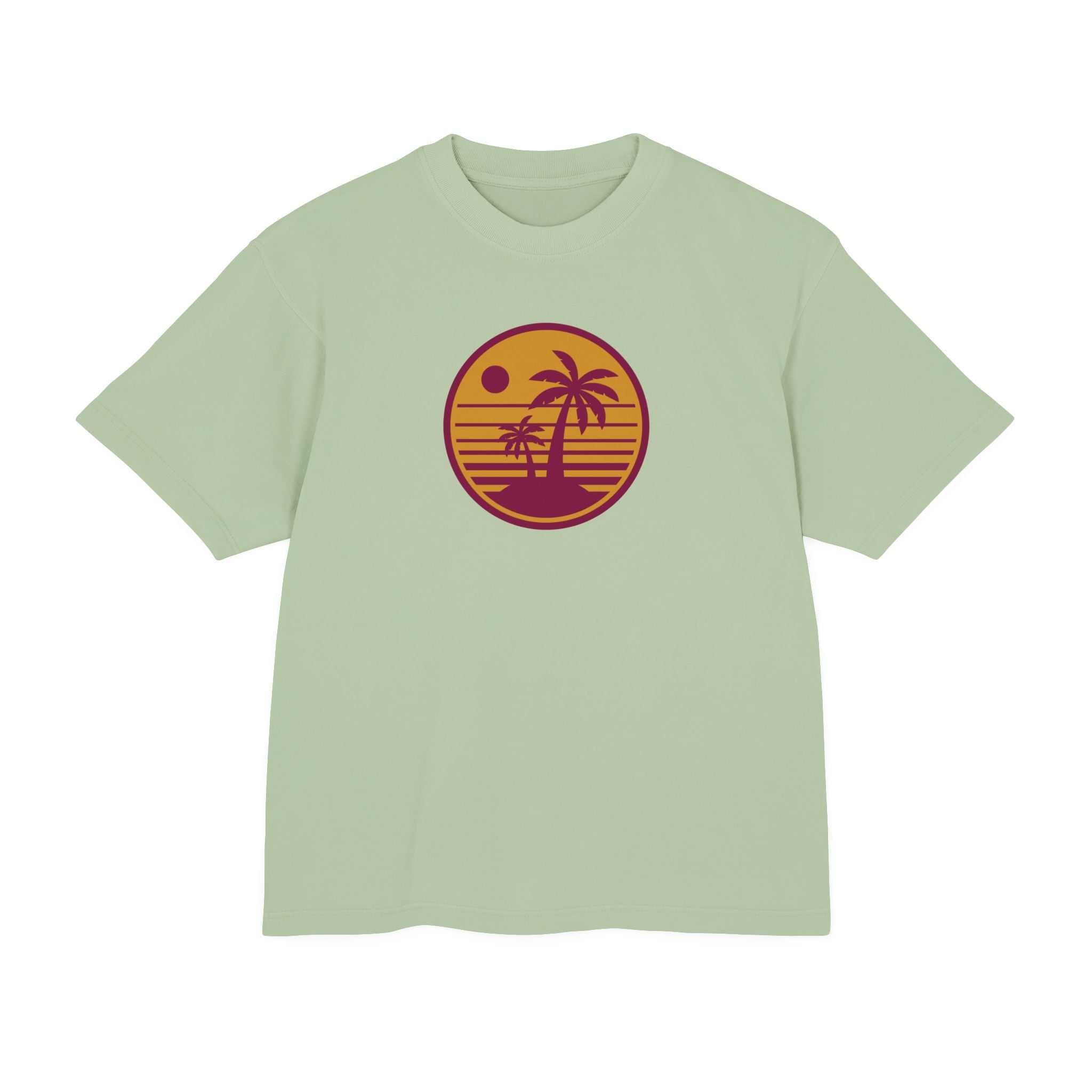 Urban Heavy Tee with retro sunset palm tree print, unisex, pigment-dyed, soft heavyweight cotton.