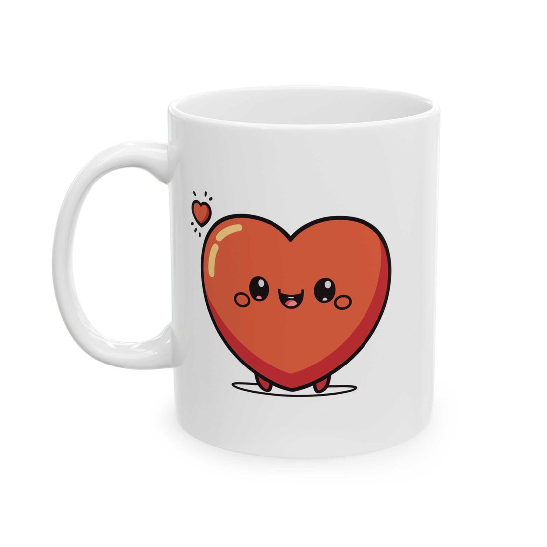 Ceramic mug with cute heart design, available in 11oz and 15oz sizes, featuring durable white ceramic and a comfortable C-handle.