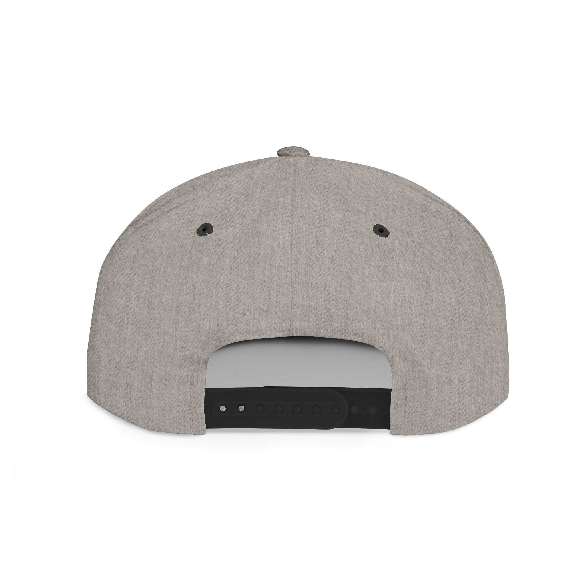 Gray flat bill snapback cap with adjustable snap closure, rear view.