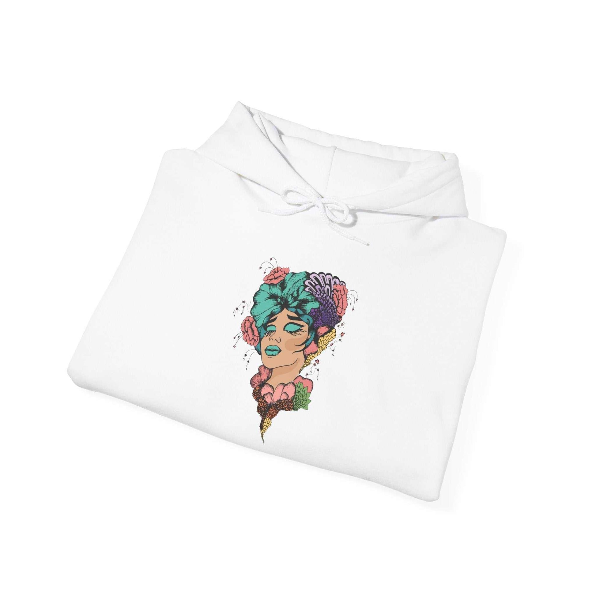 Boho Style Hooded Sweatshirt with colorful artistic design, folded view.