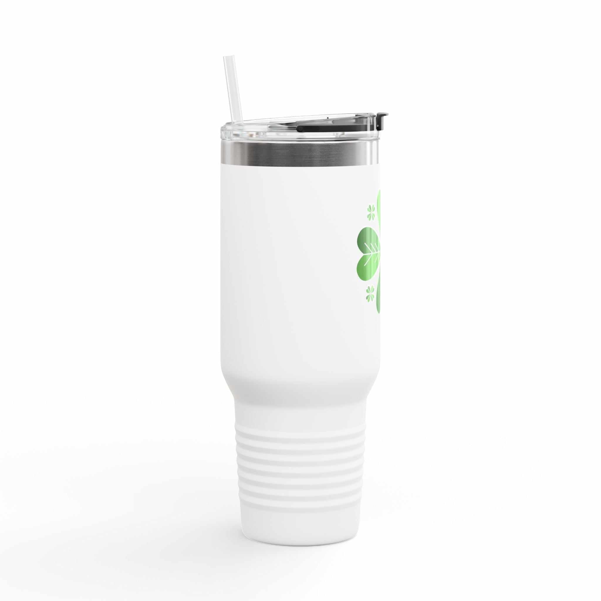 Insulated travel mug, 40oz, stainless steel with straw and lid, white, double-wall insulation.