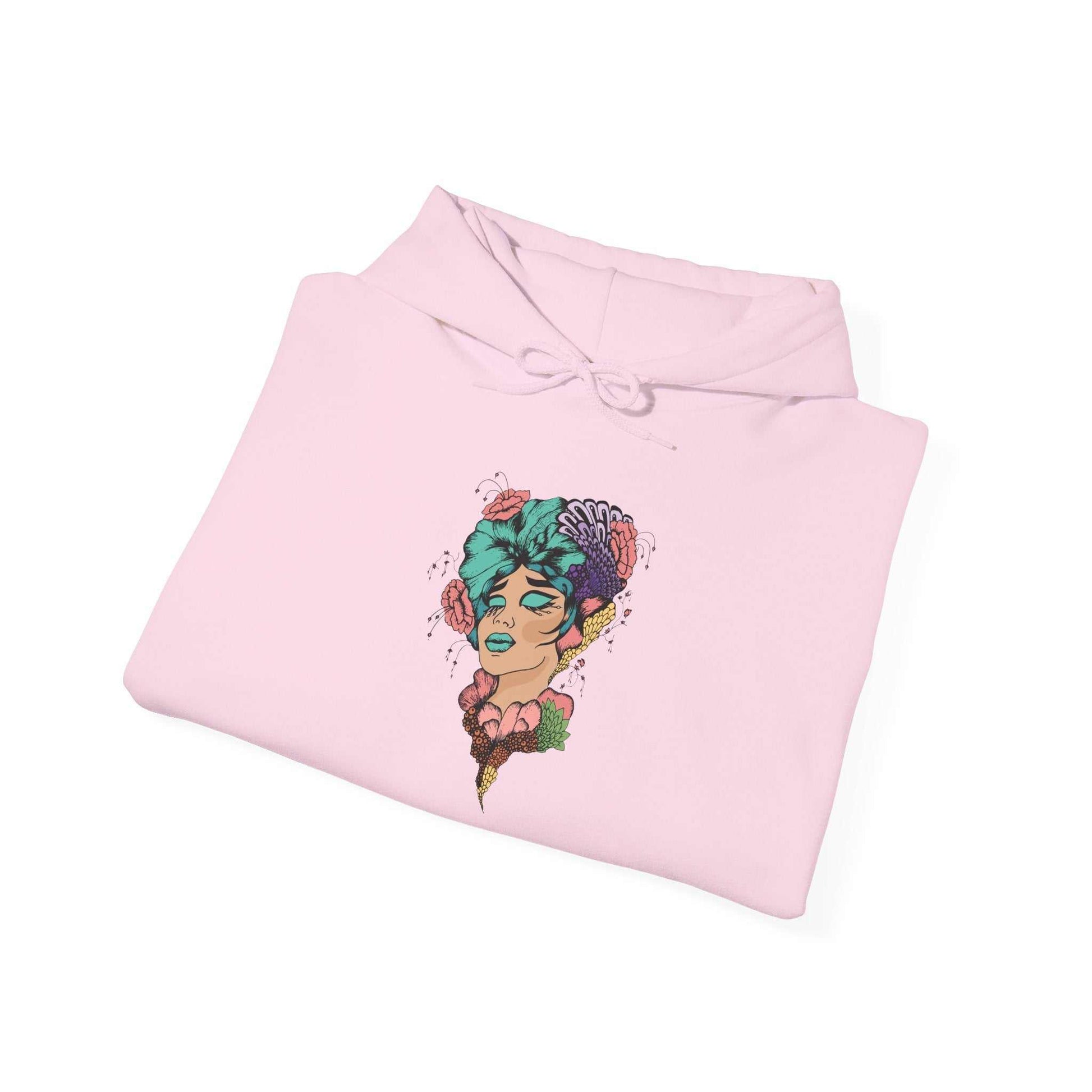 Boho Style hooded sweatshirt with vibrant artistic design on front.