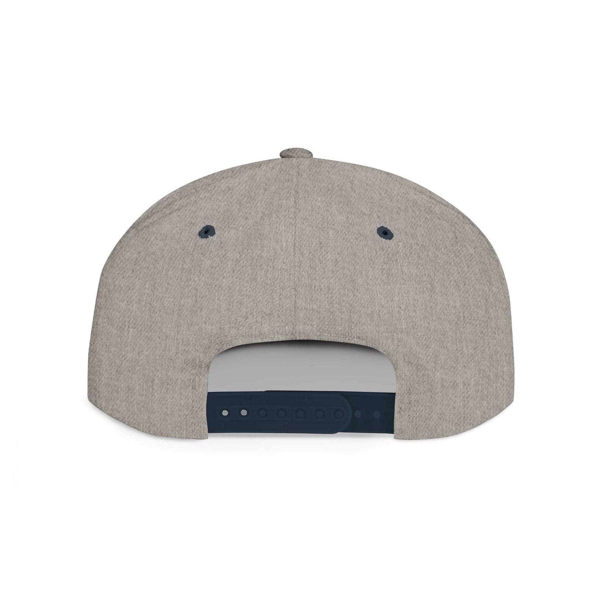 Flat bill snapback cap with adjustable snap closure in gray.