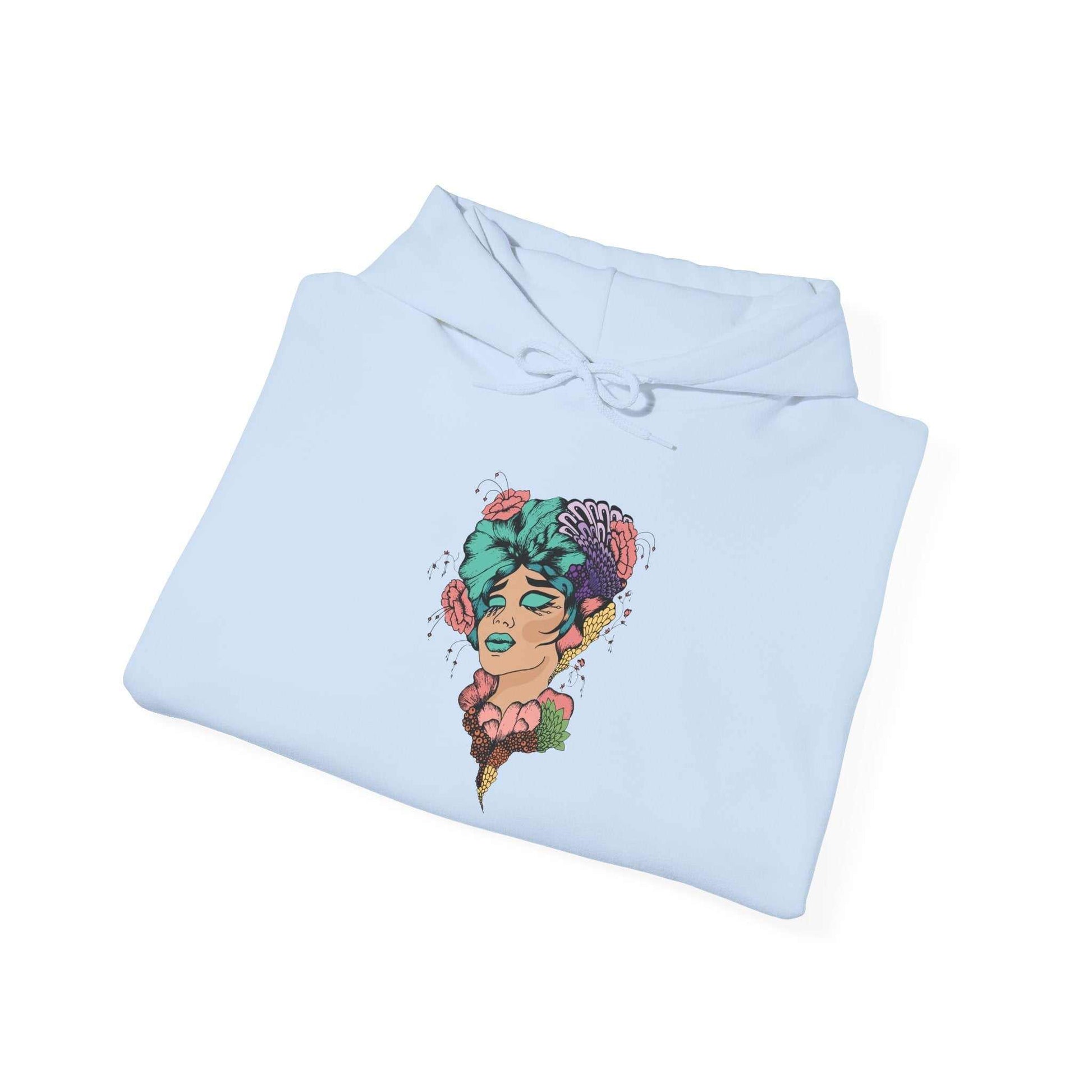 Boho style hooded sweatshirt with vibrant artistic design, unisex, warm and cozy.