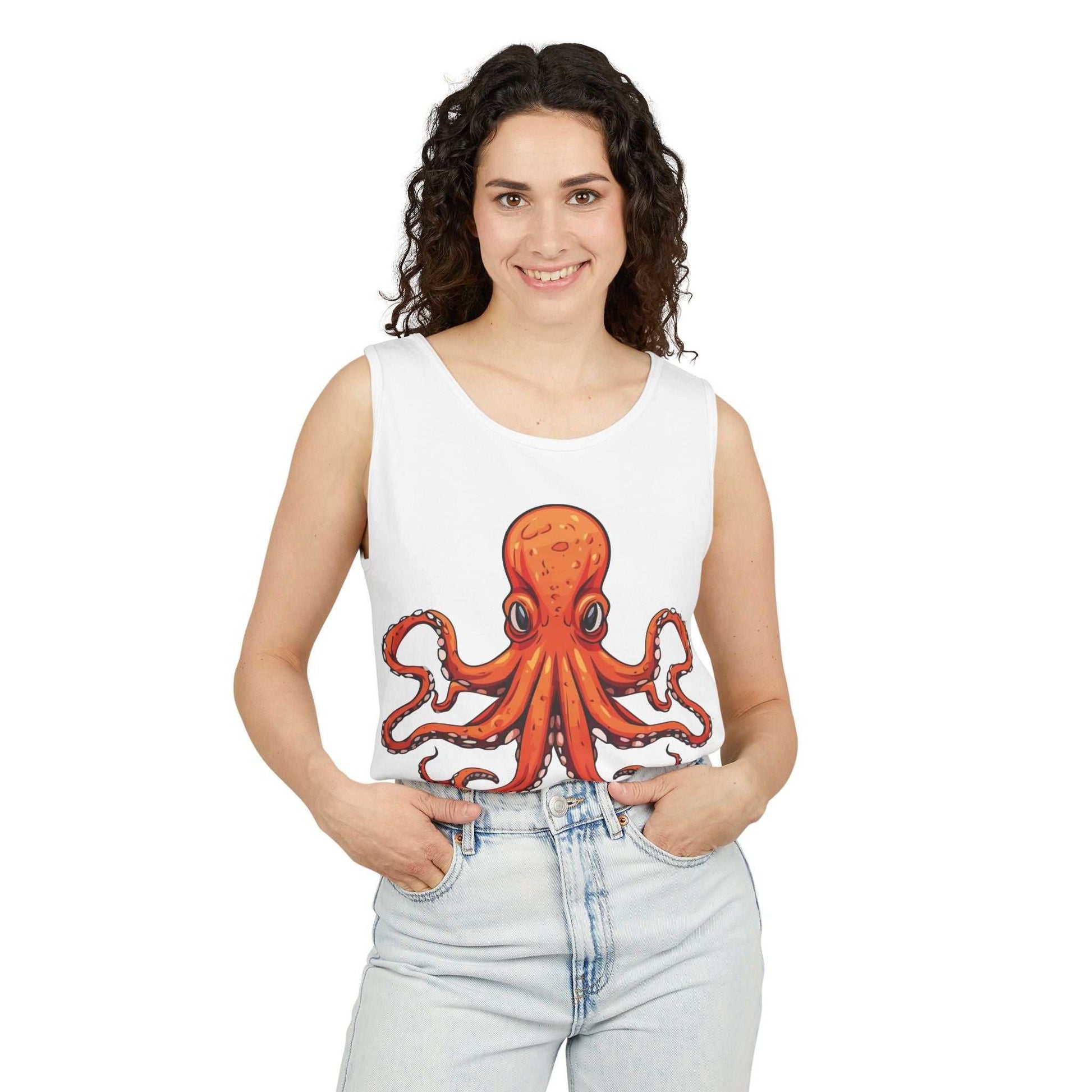 Unisex tank top featuring colorful octopus design, ideal for summer fashion.